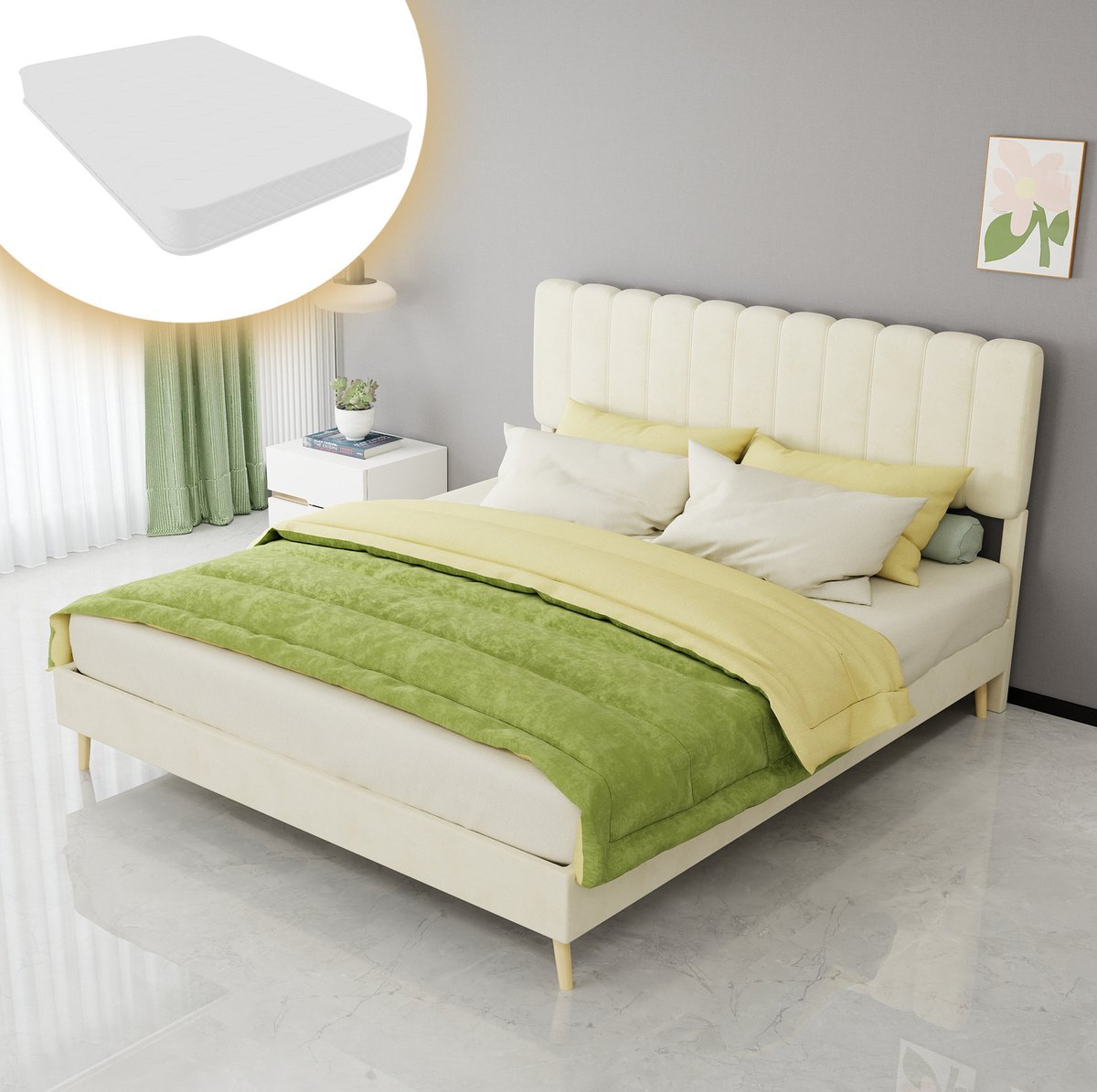MEUNIQ Gestoffeerd tweepersoonsbed 160 x 200 cm met hoog zacht hoofdbord, lattenbodem en inbegrepen matras voor slaapkamer, beige