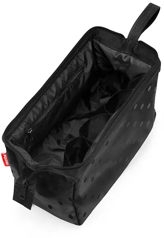 Zwarte toilettas van Reisenthel met polkadot print, open met binnenvakjes.