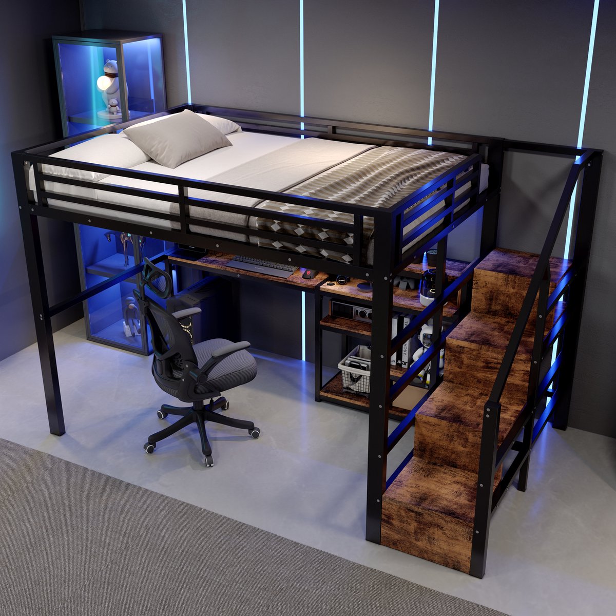 Merax Hoogslaper 140 x 200 cm - met bureau - ladderkast - opbergruimte - USB-C - LED-verlichting - zonder matras - zwart