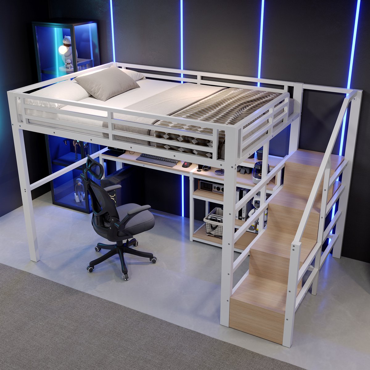 Merax Hoogslaper 140 x 200 cm - met bureau - ladderkast - opbergruimte - USB-C - LED-verlichting - zonder matras - wit