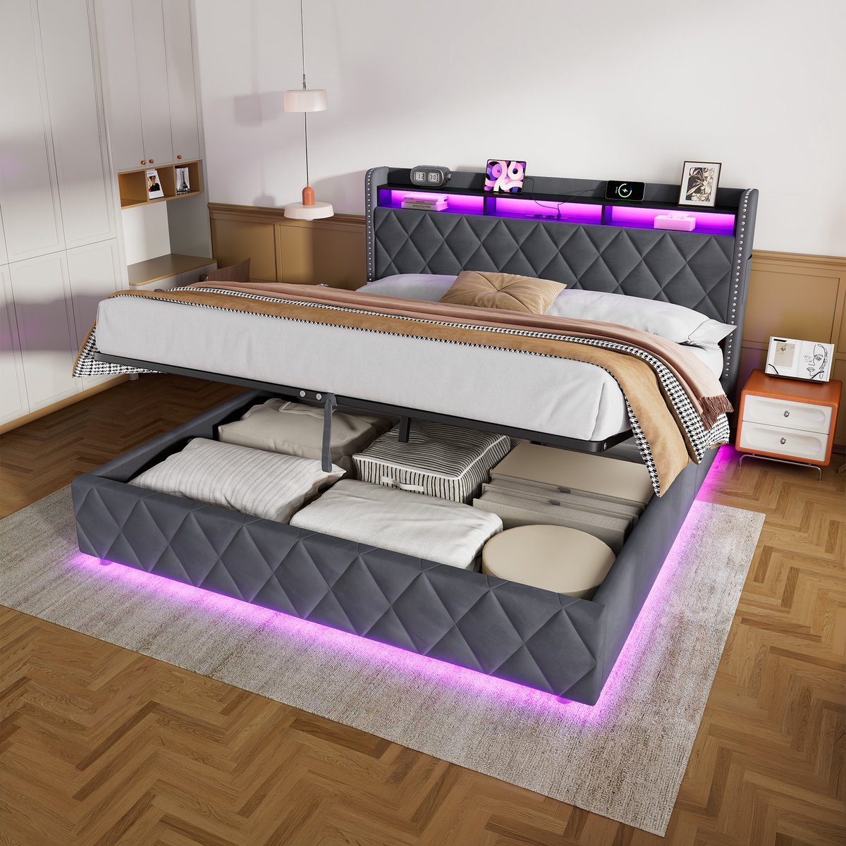 MIVRAY Gestoffeerd Bed - USB-Opladen en Opberghoofdbord - 180 x 200 cm - Fluweel Hout Metaal - Donkergrijs - Slaapkamer met Ledverlichting