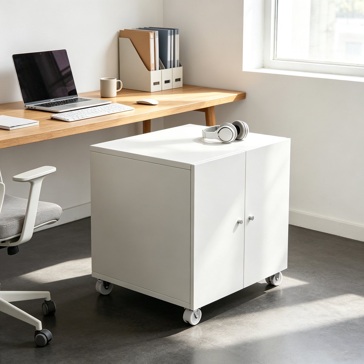 Witte printerkast van 60*60*60 cm met wielen A3-formaat speciale kast voor kopieerapparaten printeronderstel werkbank kleine printerkast