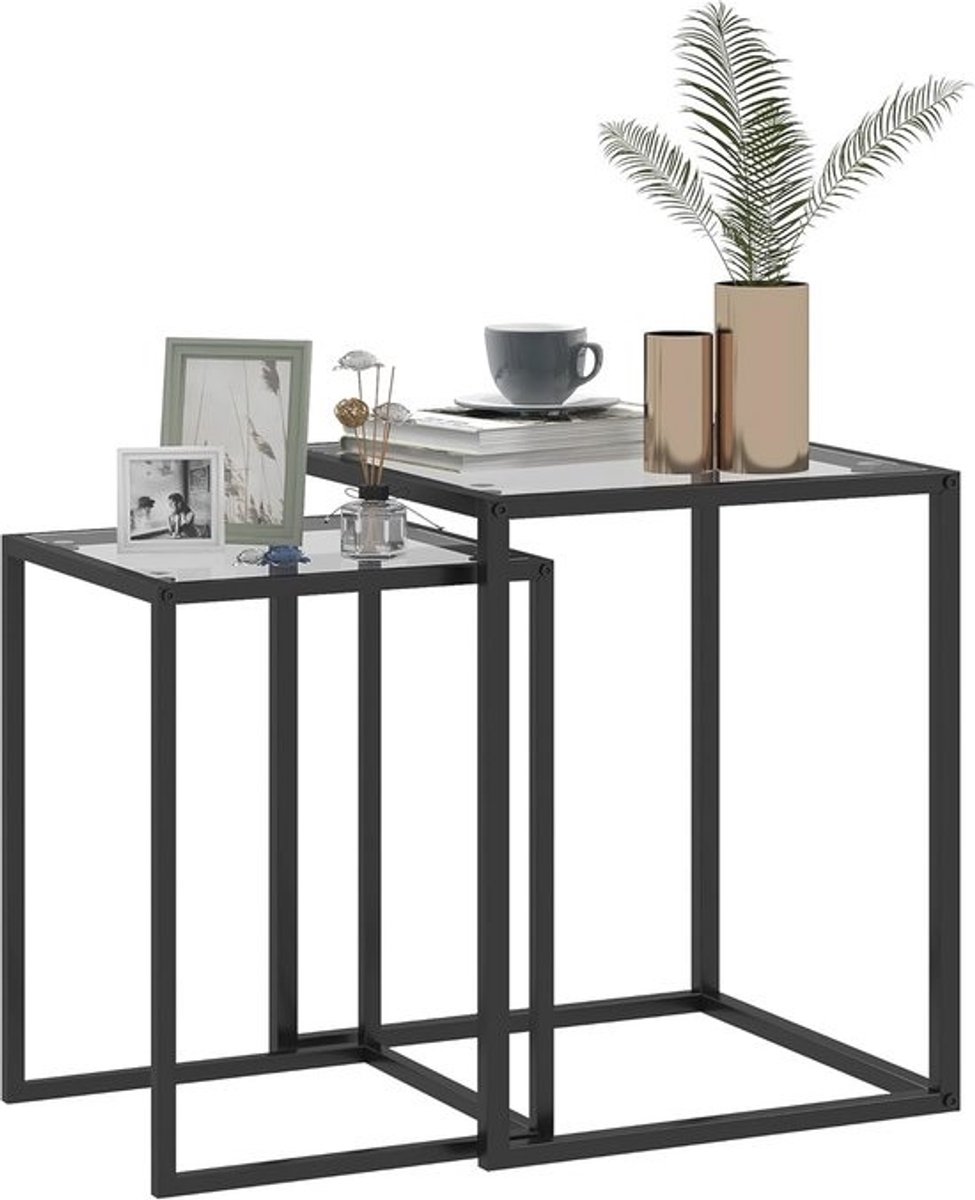 Set van 2 Nesttafels met Gehard Glazen Blad en Stalen Frame - Ruimtebesparend
