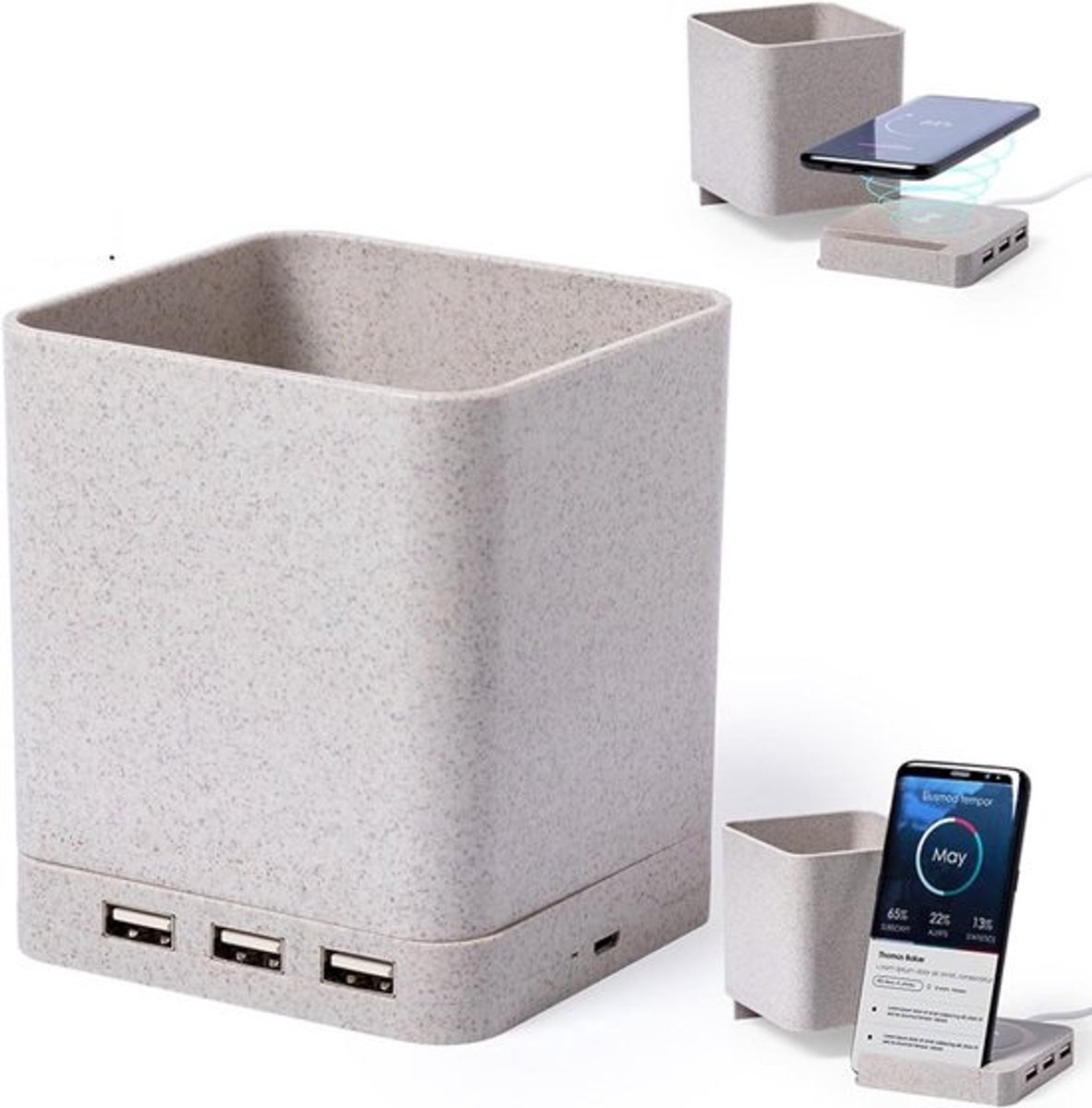 Organizer Bureau met Draadloos Opladen, USB Hub (3 Poorten) en Pennenhouder - Eco-vriendelijk Tarwestro