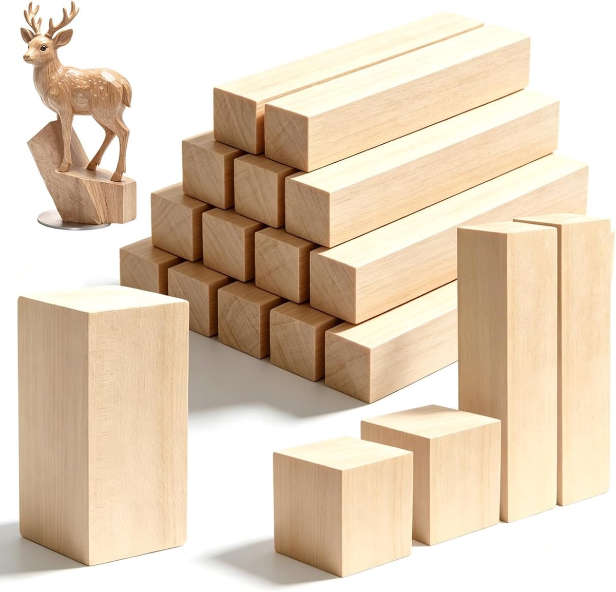 linde, 19 stuks houten blokken in 3 maten | Natuurlijke snijblokken, houtblokken, houtblokken om te snijden, knutselhout, houtsnijwerk voor doe-het-zelf kunst handwerk