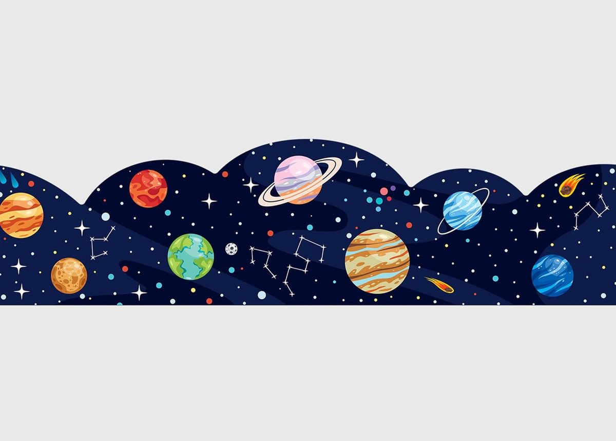Zelfklevende wandrand met golfsnit voor kinderen, planeten in de ruimte, waterdicht, gebogen decoratieve rand voor baby's en kinderkamer, meerkleurig, 300 x 13,5 cm