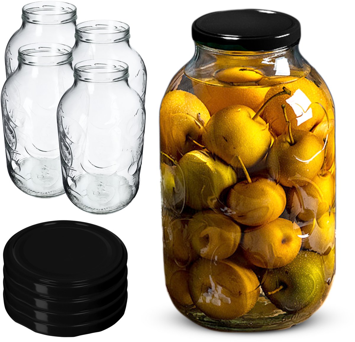 KADAX Weckpotten, 5 liter, inmaakpotten voor schroefdeksel, jampot, voorraadpot, conservenglas, ronde potten (zwart, 4 stuks)