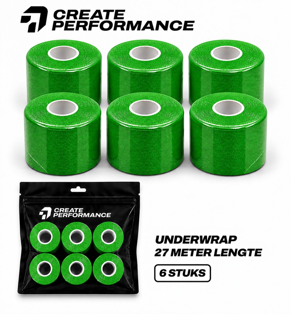 CREATE PERFORMANCE Underwrap tape - Voetbaltape - Sporttape - Fysio tape - Groen - 6 stuks - 7cm x 27m - Inclusief tape tas