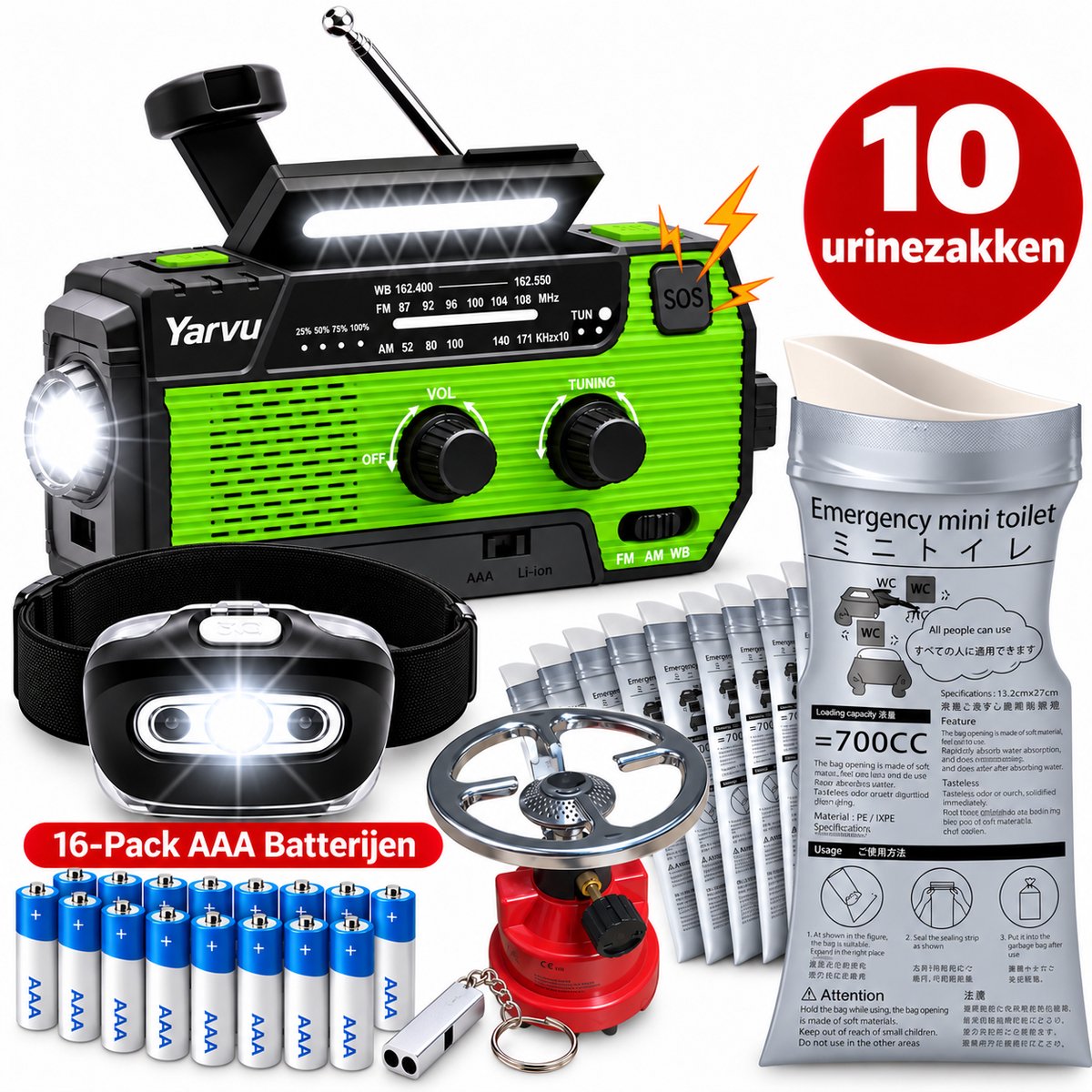 Noodpakket - Noodradio op Batterijen + HoofdLamp LED op Batterijen + 10 Urinezakken + 16 Pack aaa Batterijen + Gasbrander + Noodfluit - Nood pakket - 6 in 1 Nood Radio - SOS - Groen