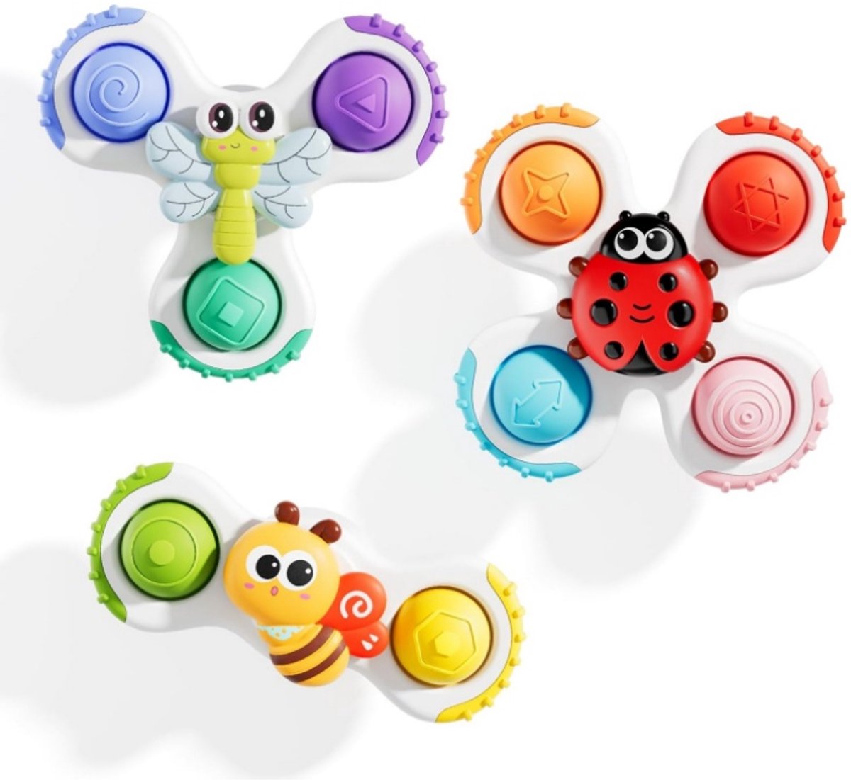 Baby Zuignap Draaitol Set van 3, Insecten Pop It Draaispeelgoed, Zintuiglijk Sensory Speelgoed voor Baby 1 2 3 Jaar, Bad & Reisspeelgoed voor Peuters