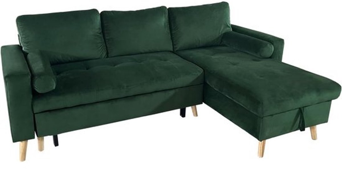 Hoekbank in Groen Fluweel met Omkeerbare Chaise Longue en Opbergbox - Scandinavische Stijl