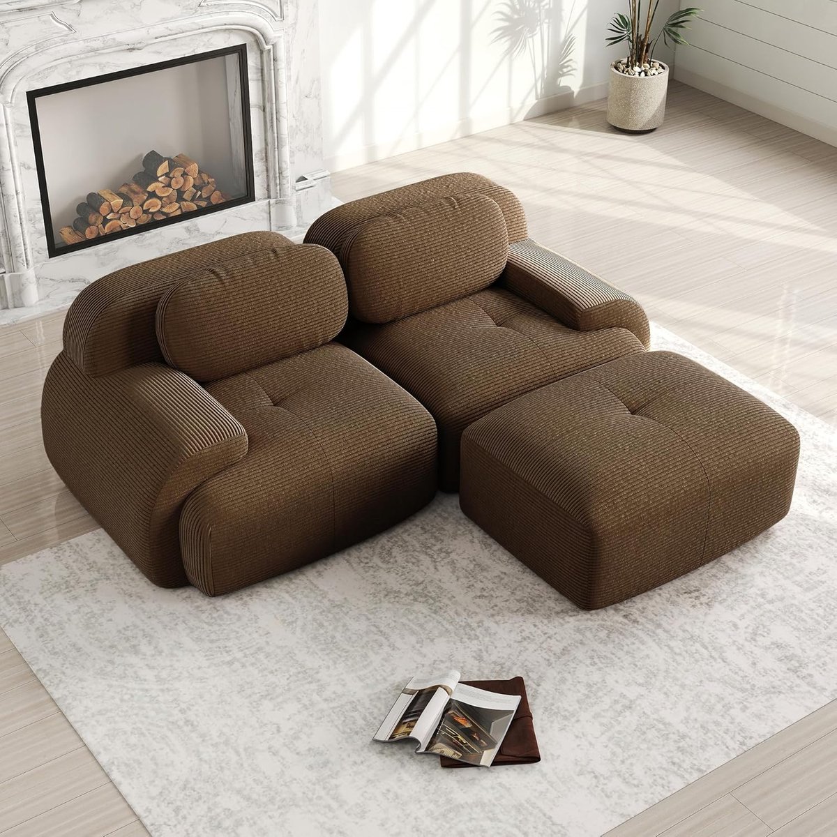 2-zits Cloud sofa, dicht bij de grond, grote bank zonder montage met extra diepe zitting, 32D-bekleding, moderne loungebank voor woonkamer, bruin, 2-zits + 1 (bruin, H-2S+1)