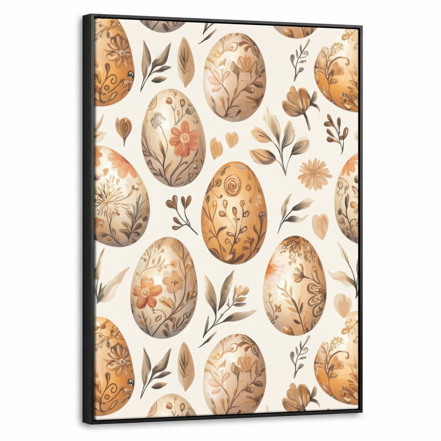 Canvas Schilderij met Baklijst 70x100cm - Paaseieren - Bruin - Bloemen - Muurdecoratie woonkamer - Slaapkamer decoratie - Kamer accessoires - Schilderijen op canvas met lijst