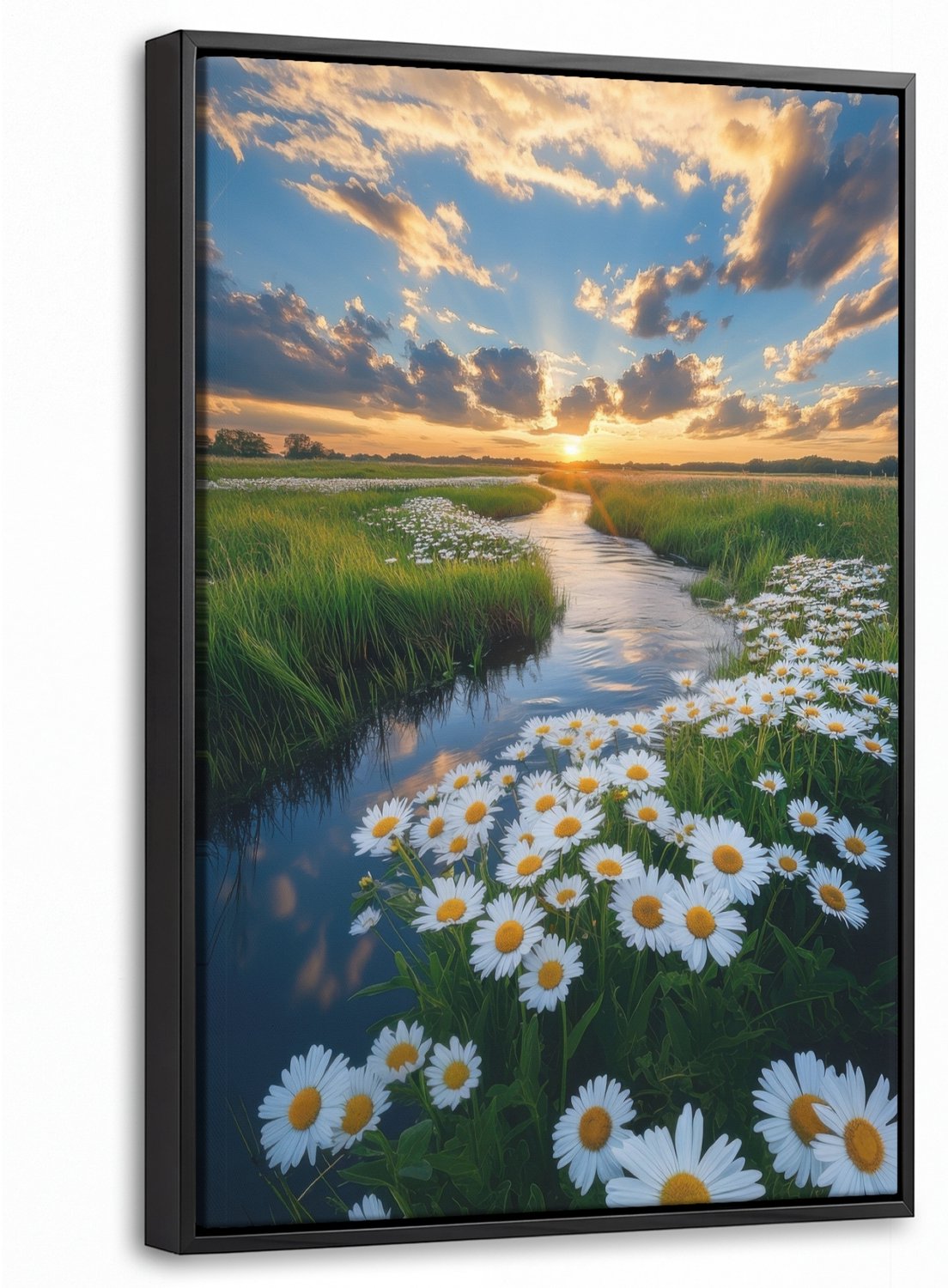 Canvas Schilderij met Baklijst 40x60cm - Beekje - Landschap - Margriet - Muurdecoratie woonkamer - Slaapkamer decoratie - Kamer accessoires - Schilderijen op canvas met lijst