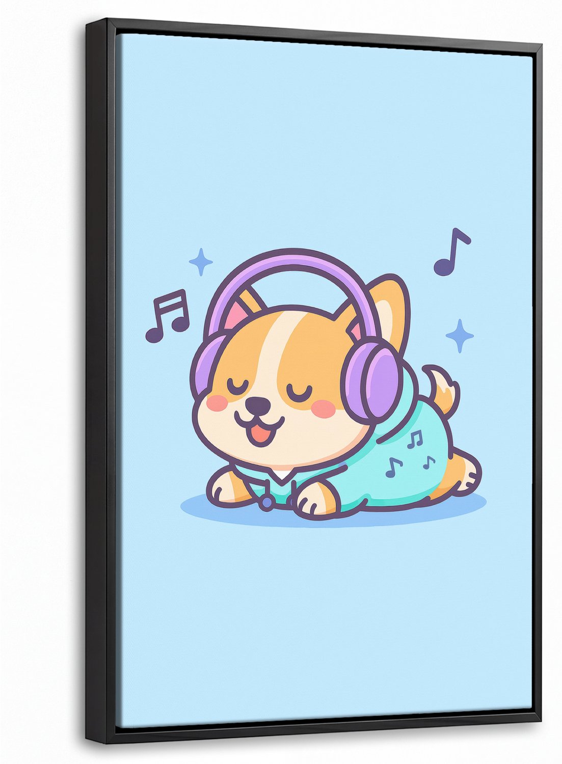 Canvas Schilderij met Baklijst 20x30cm - Corgi - Koptelefoon - Blauw - Muzieknoten - Muurdecoratie woonkamer - Slaapkamer decoratie - Kamer accessoires - Schilderijen op canvas met lijst