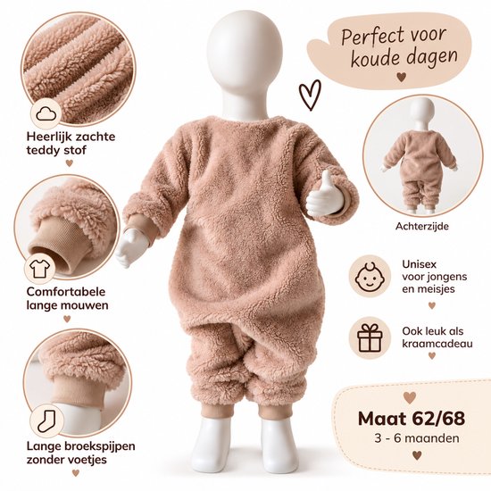 Beige teddy romper maat 62/68 voor baby's, getoond met details over zachte stof, mouwen en pasvorm.
