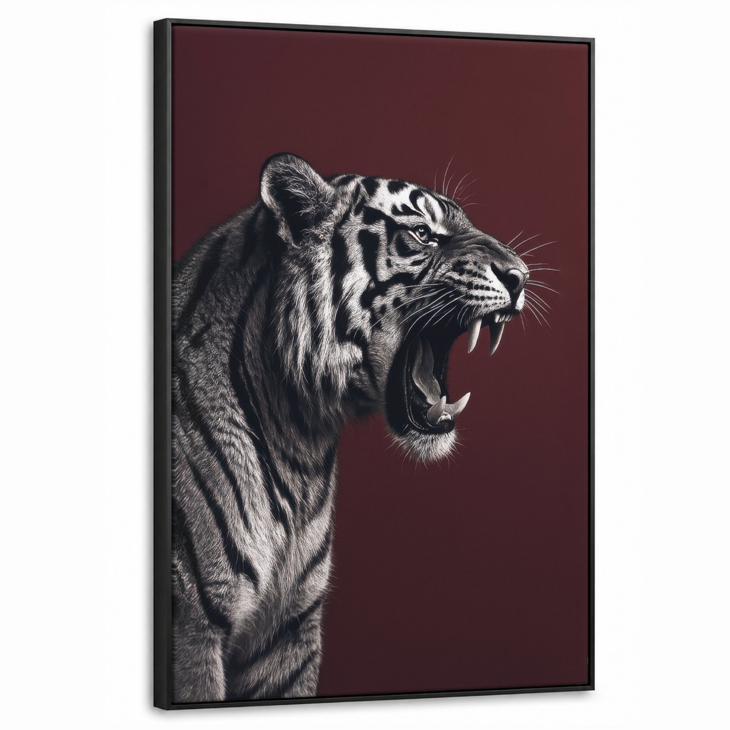 Canvas Schilderij met Baklijst 60x90cm - Tijger - Brult - Bordeaux - Muurdecoratie woonkamer - Slaapkamer decoratie - Kamer accessoires - Schilderijen op canvas met lijst