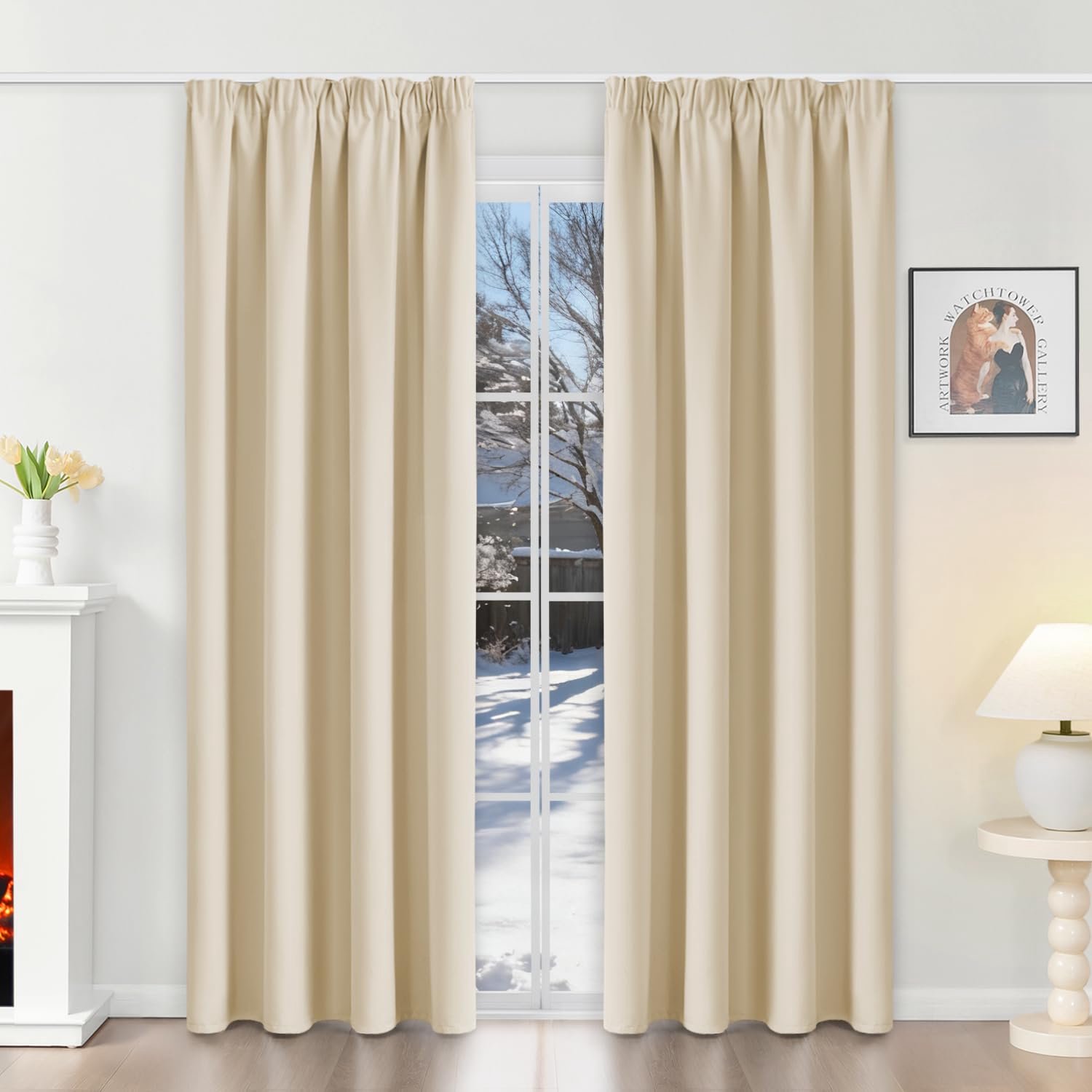 Famanu Thermo verduisteringsgordijn, isolerend, 120 x 230 cm, met plooiband, ondoorzichtig, uv-bescherming, decoratie voor binnen, lichtbeige, geschikt voor slaapkamer en woonkamer
