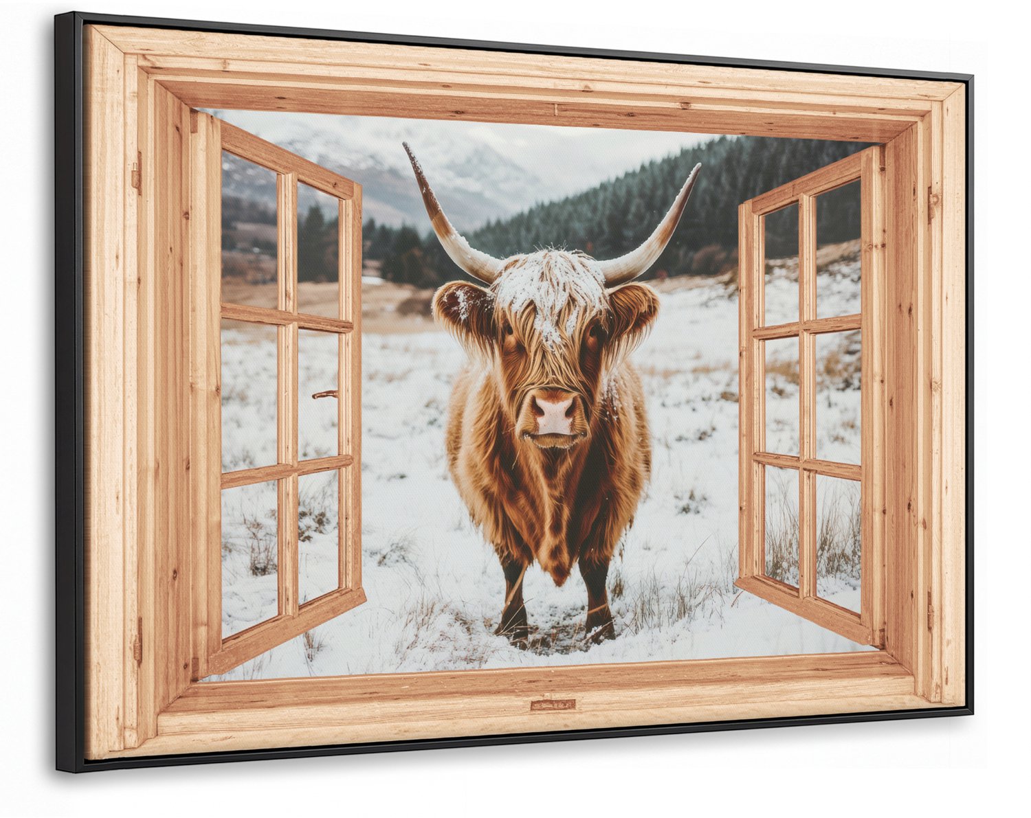 Canvas Schilderij met Baklijst 90x60cm - Schotse Hooglander - Landschap - Landelijk - Bergen - Winter - Doorkijk - Muurdecoratie woonkamer - Slaapkamer decoratie - Kamer accessoires - Schilderijen op canvas met lijst