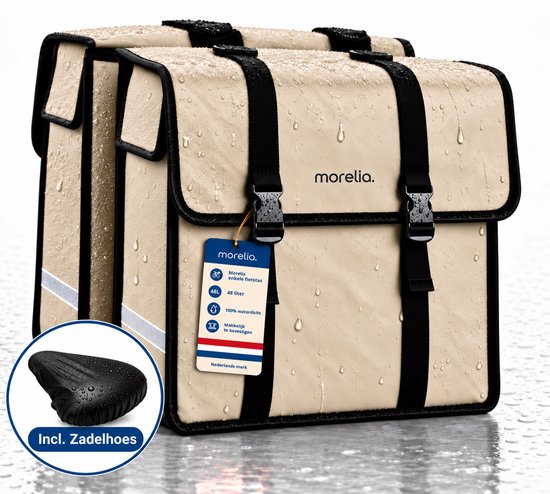 Morelia® Fietstas - Incl Waterdichte Zadelhoes - 100% Waterdicht (48 Liter Beige) - Incl Achterlicht - Fietstassen - Fietstassen Electrische Fietsen - Fietstassen Dubbel - Tarpaulin materiaal