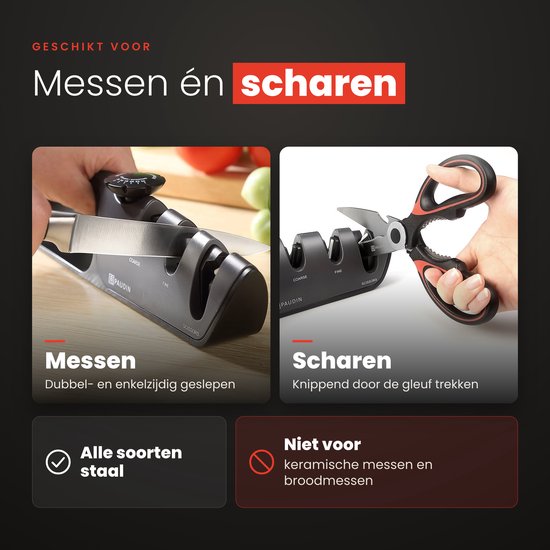 Demonstratie van het slijpen van een mes en een schaar met een zwarte PAUDIN messenslijper.