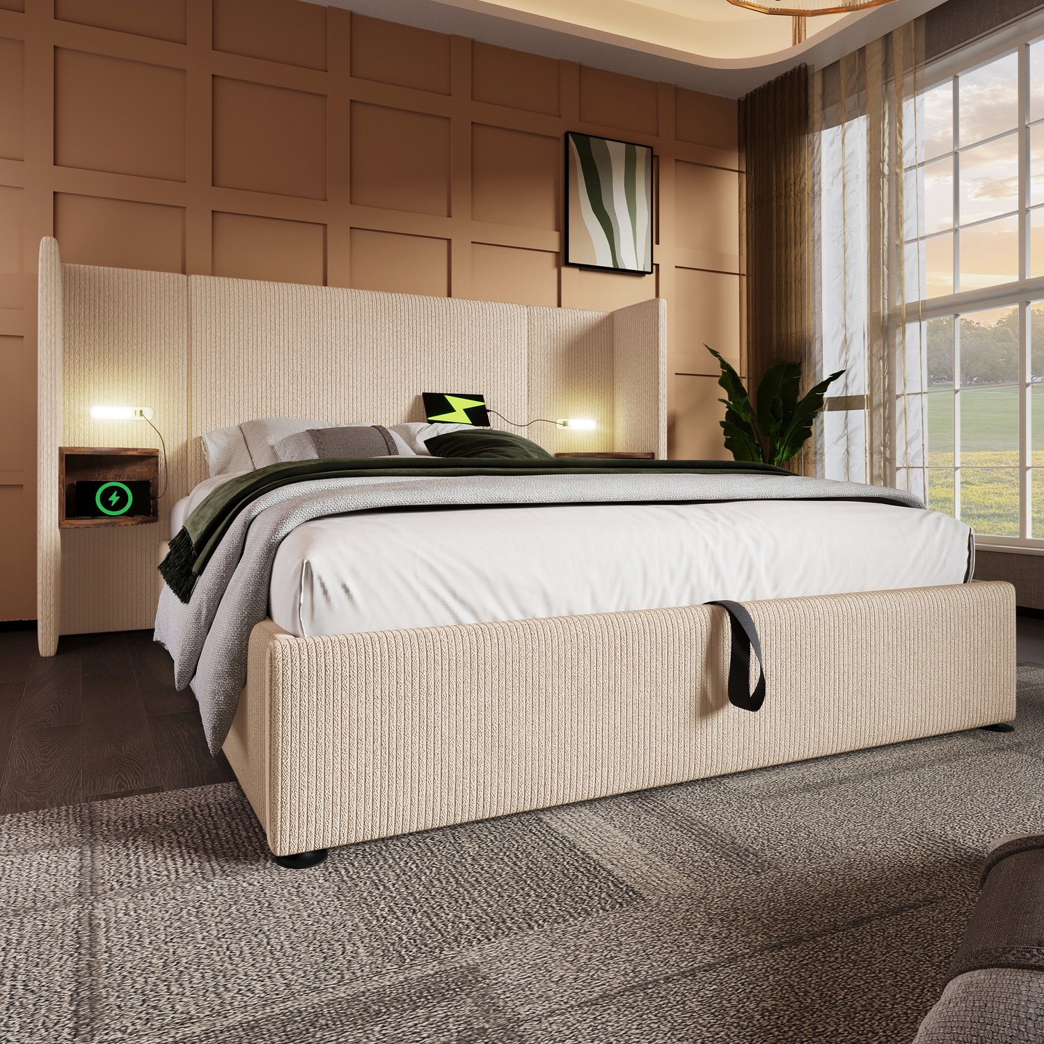 MUVANO Gestoffeerd tweepersoonsbed 160x200 - Opbergbed met leeslamp en USB-C - Ribstof en houten lattenbodem - Met nachtkastjes voor slaapkamer - Beige-wit