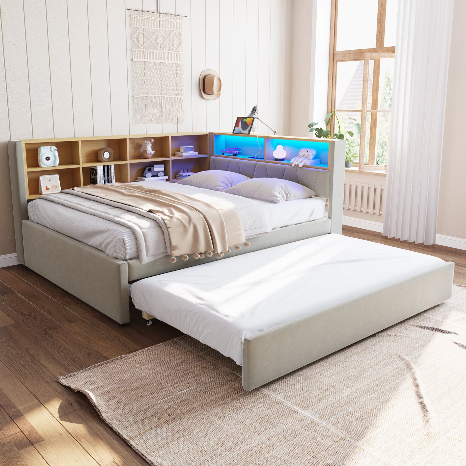 Zubaliya Dagbed - 140 x 200 / 90 x 190 cm - Lichtgrijs - flanel - LED-verlichting - Uitschuifbaar - Stopcontact
