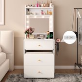 Kaptafel - Make Up Tafel - Inclusief Krukje met Zwenkwielen- Met Spiegel en 10 LED Lampen - Met Stopcontacten - USB & Type-C - 3 Lichtkleuren - 2 Laden en 4 Planken - 160 x 60 x 40 cm (H x L x B) - Voor Slaapkamer Kleedkamer - Wit