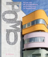 Boekomslag: kleurrijk postmodern gebouw met gele, roze en groene gevels en de titel Atlas van de postmoderne architectuur.