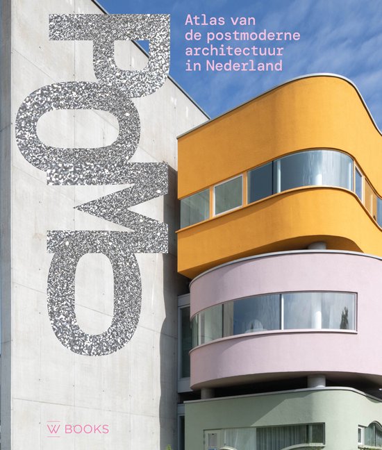 Boekomslag: kleurrijk postmodern gebouw met gele, roze en groene gevels en de titel Atlas van de postmoderne architectuur.