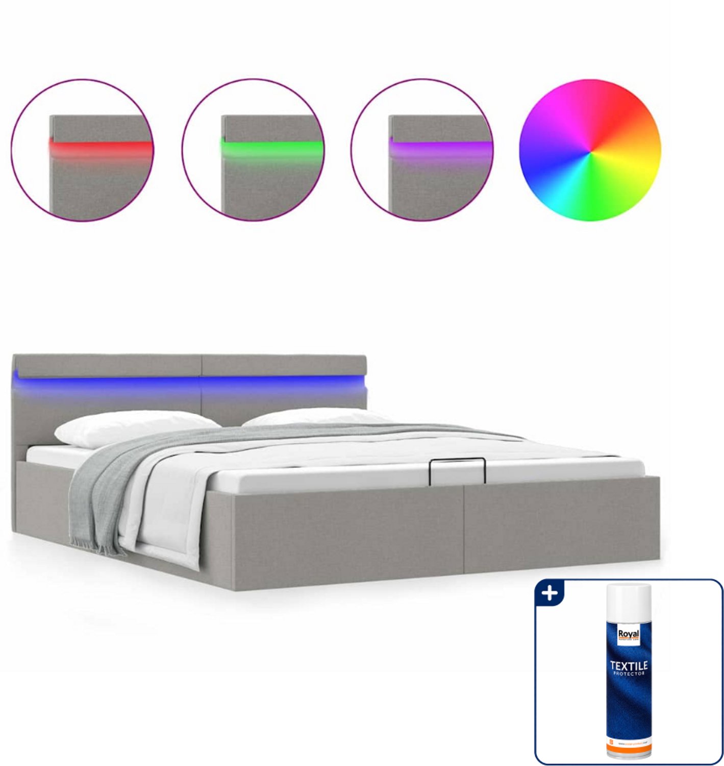 vidaXL bedframe met opbergruimte en led - Queensize - lichtgrijs - Inclusief textielbeschermer 500 ml Bruin