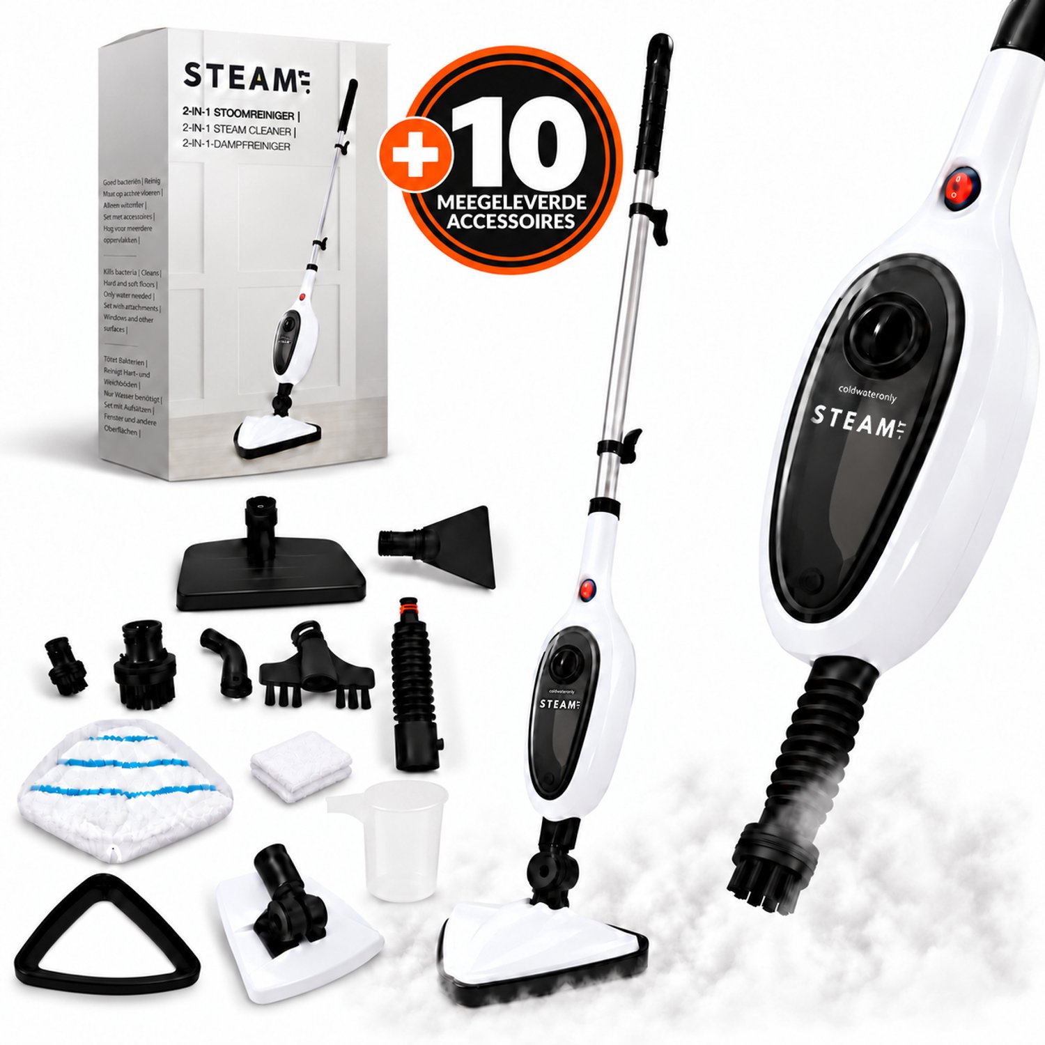 Bol.com STEAM-IT 2 in 1 Stoomreiniger Én Handstomer - Met 10 Opzetstukken Voor Alle Vloeren, Bank, Badkamer En Tapijt - Wit aanbieding