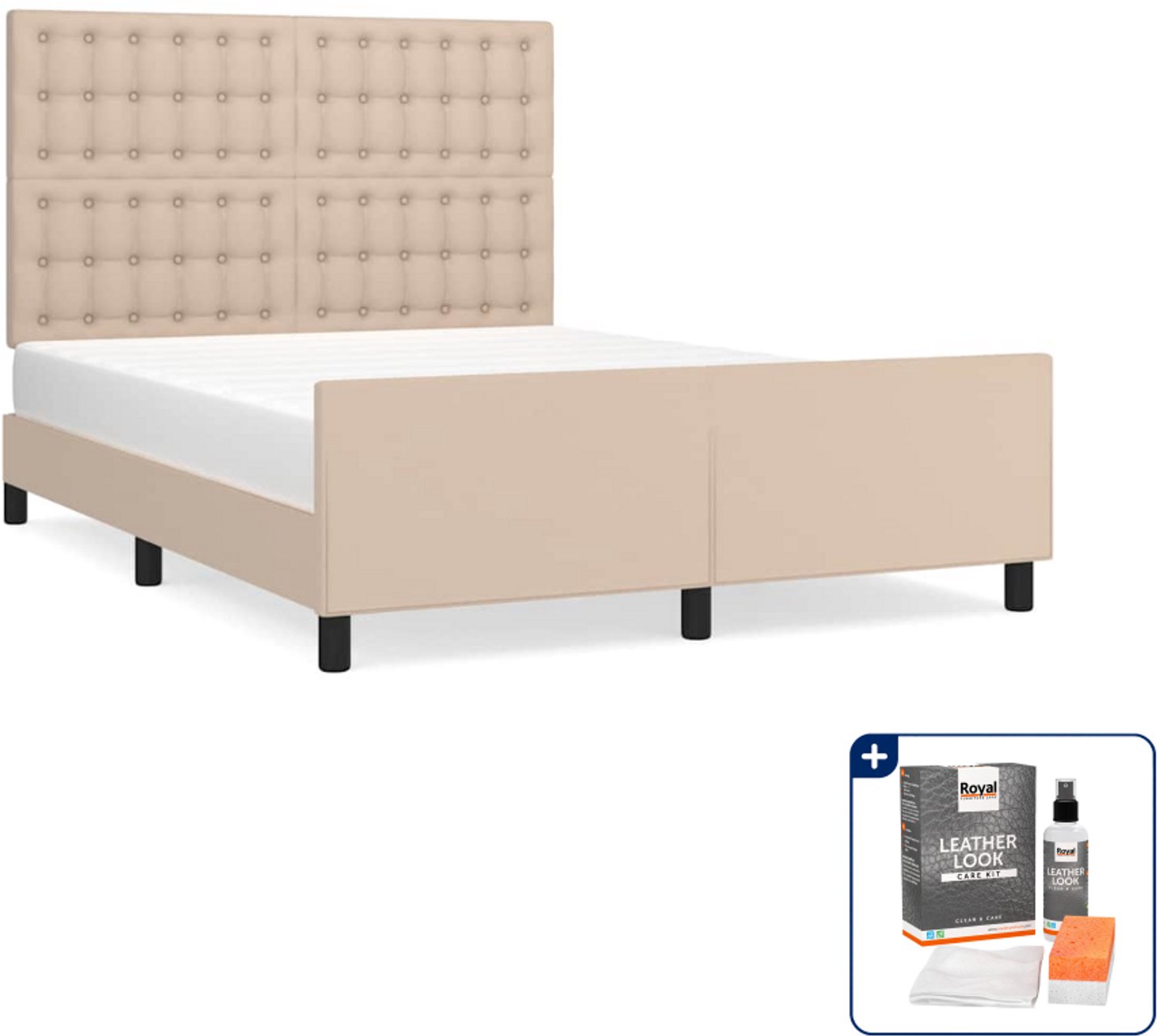 vidaXL bedframe met hoofdbord - 140 x 190 cm - kunstleer - cappuccino - Inclusief onderhoudsset voor kunstleer 150 ml Bruin