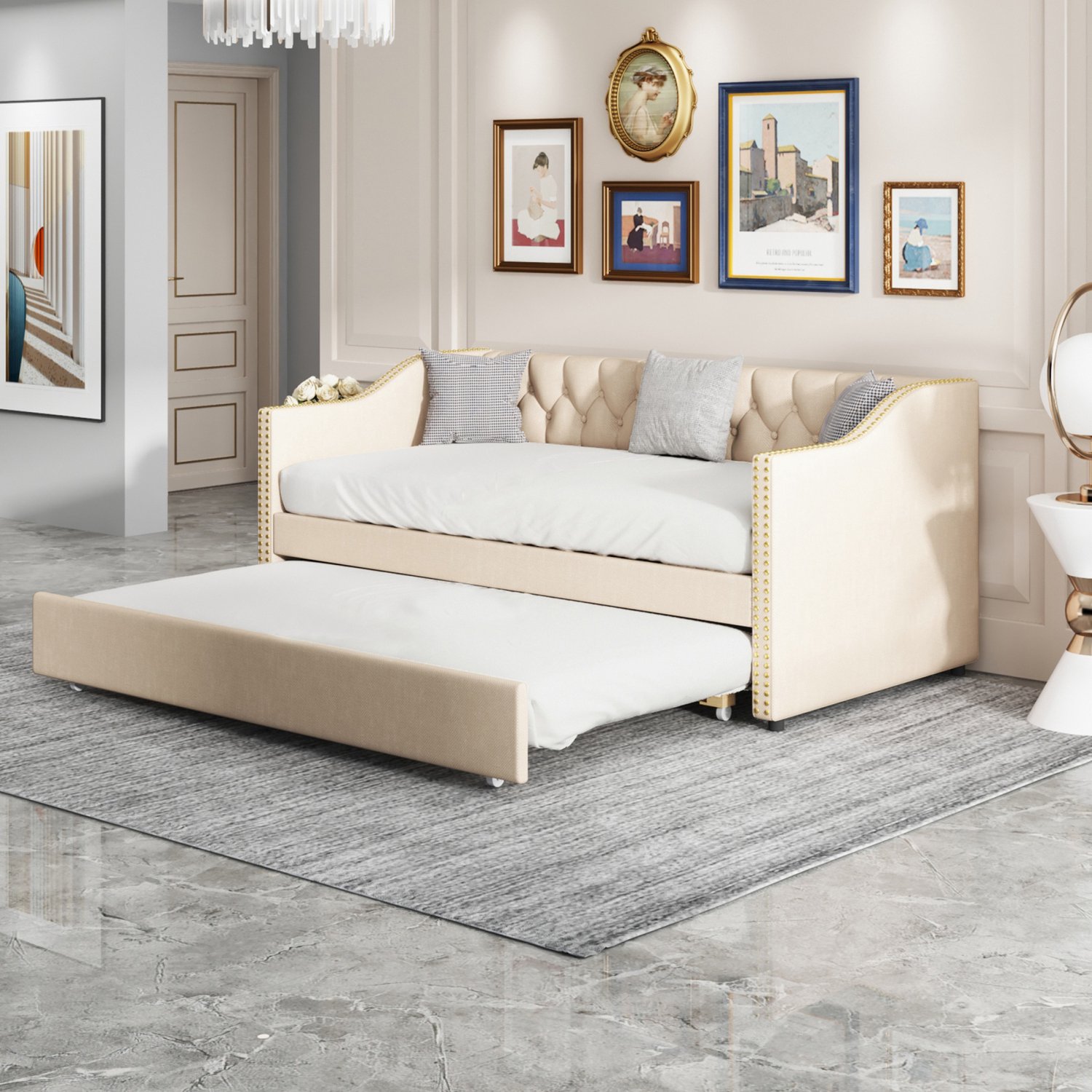Yelenaro Uitschuifbare slaapbank, Logeerbed Bankbed, 90/180x200 cm, Ruimtebesparend Slapen, geschikt voor studio's en het ontvangen van gasten, beige fluweel, exclusief matras