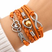 Oranje wikkel armband voor dames – imitatieleer armband met infinity teken, hartjes en pijl bedel
