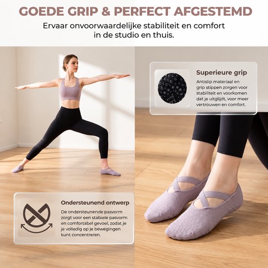 ECTEATOY® 3-Pack Pilates Sokken Antislip - Yogasokken Dames met Kruis Elastiek - voor Pilates, Barre & Balletsokken - Grijs, Paars&Roze — afbeelding 4