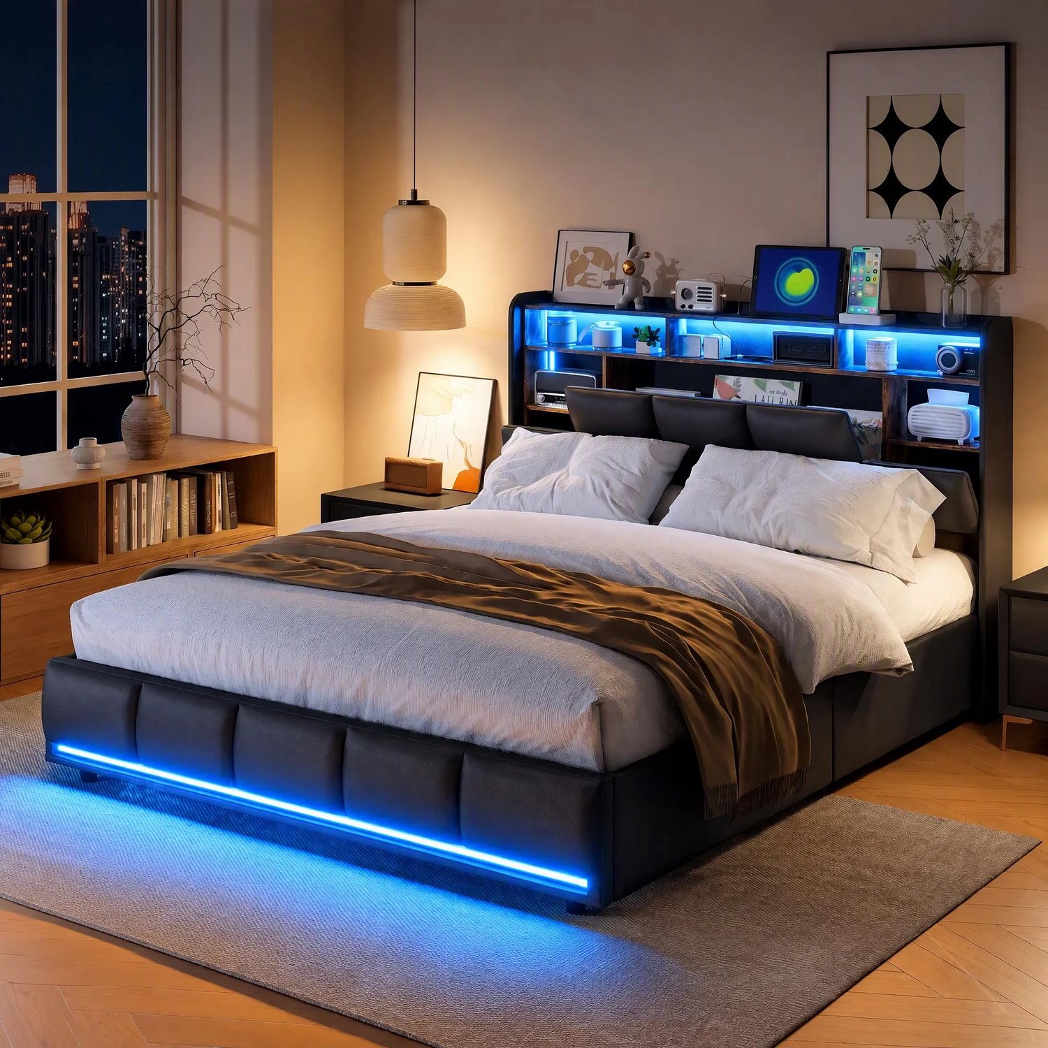 MEXUS Modern Gestoffeerd Boxspring Tweepersoonsbed 160x200 cm Zwart PU – Met LED‑verlichting, Stopcontact, Lattenbodem en Hydraulische Opbergruimte, Zonder Matras