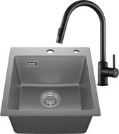 CECIPA Max Spoelbak Keuken 50x45cm - Granieten Gootsteen Grijs - Composiet Spoelbak Met Keukenkraan Met Uittrekbare Uitloop - Enkele Wasbak Met Kraangat - Inclusief Sifon