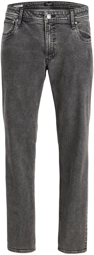 Grijze tapered fit jeans met knoopsluiting en klassieke vijfzakstijl.