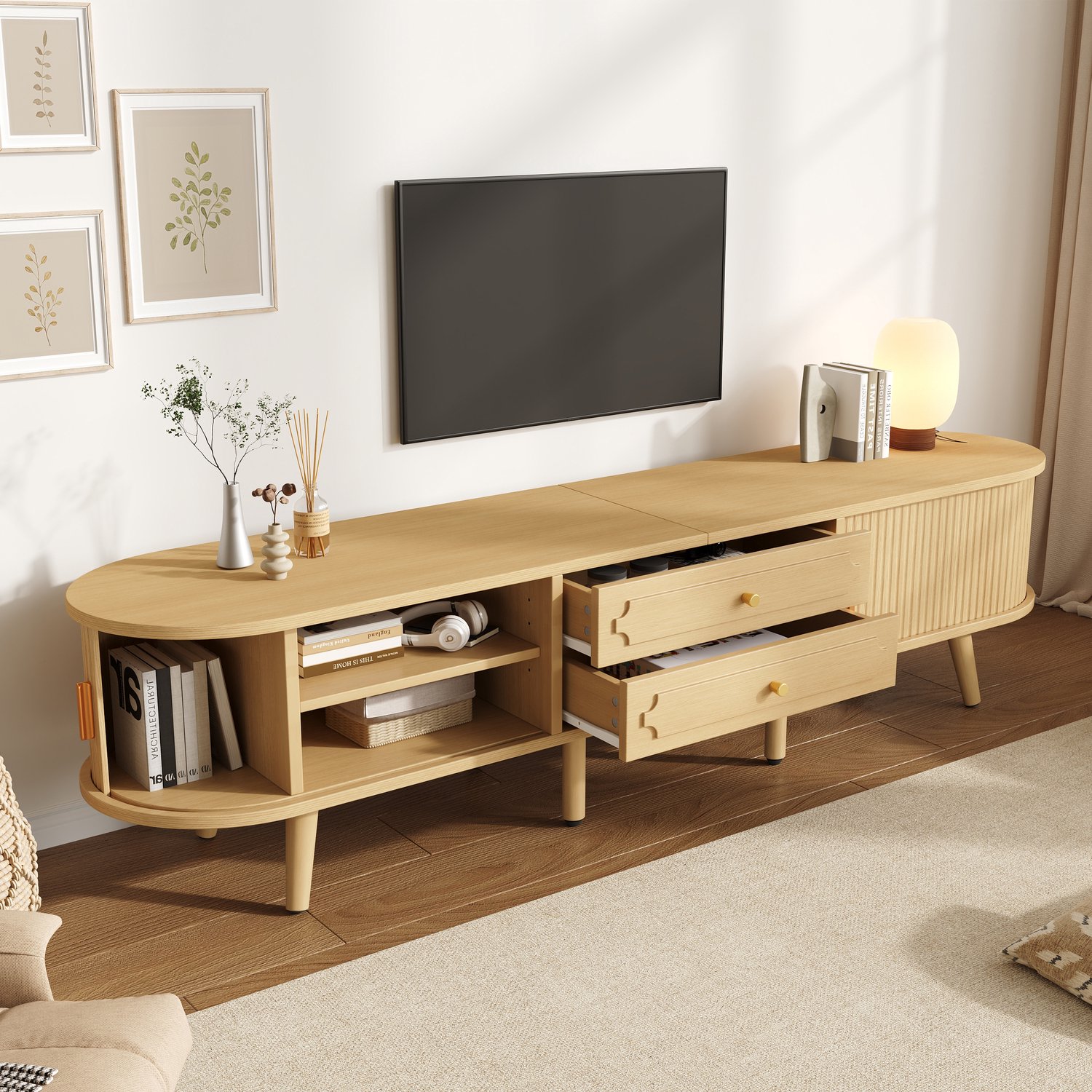 OKWISH Tv-meubel - 2 Lades en 2 Schuifdeuren - Verstelbare Planken voor de Woonkamer - MDF in Natuurlijke Houtkleur - 170 x 40 x 43 cm Naturel houtkleur