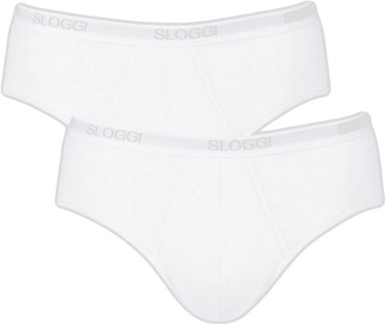 Twee witte Sloggi midi-slips voor heren met elastische tailleband voorzien van het Sloggi-logo.