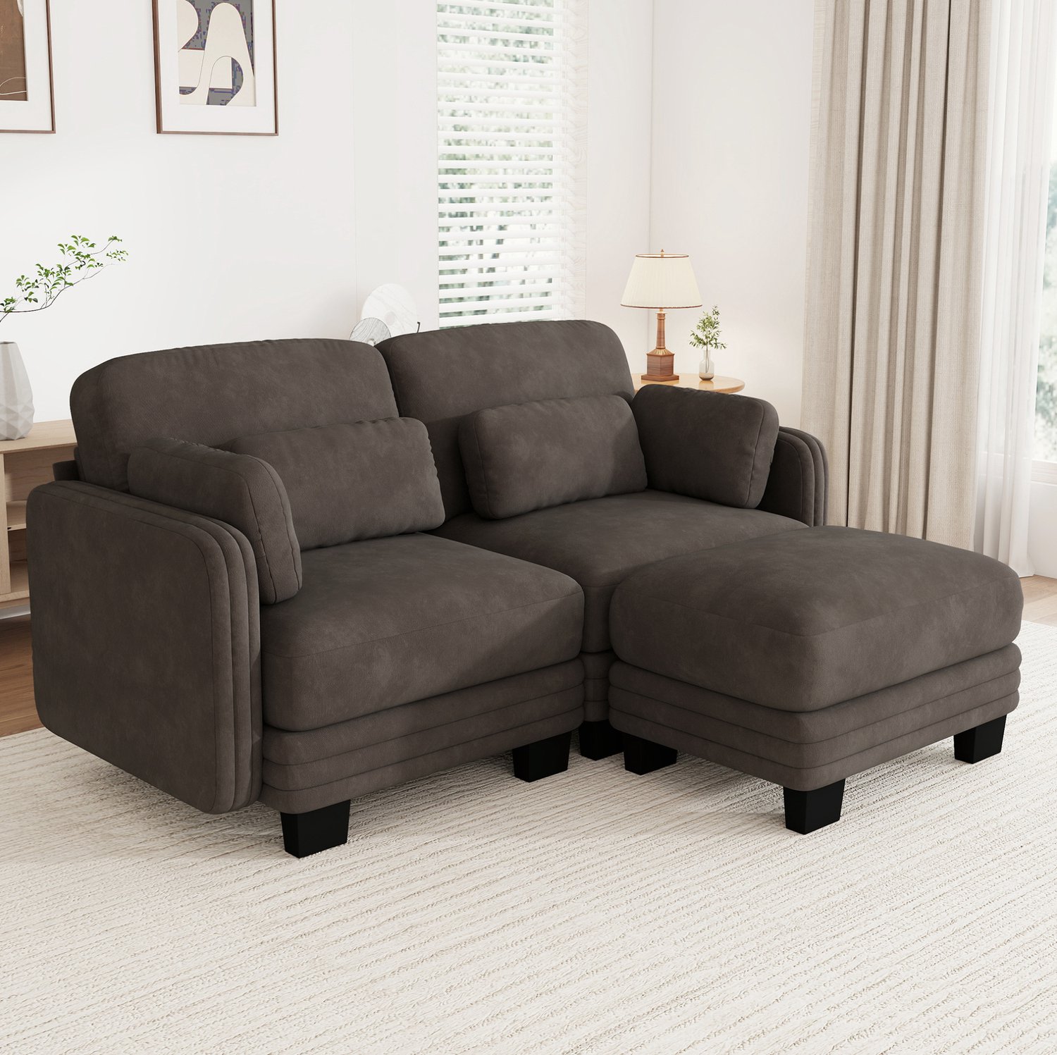 MIVRAY Hoekbank 176 x 143 x 88 cm - Modulaire 2-Zitsbank Met Voetenbank en Verplaatsbare Kussens - Voor Woonkamer - Chenille Bruin Donkergrijs