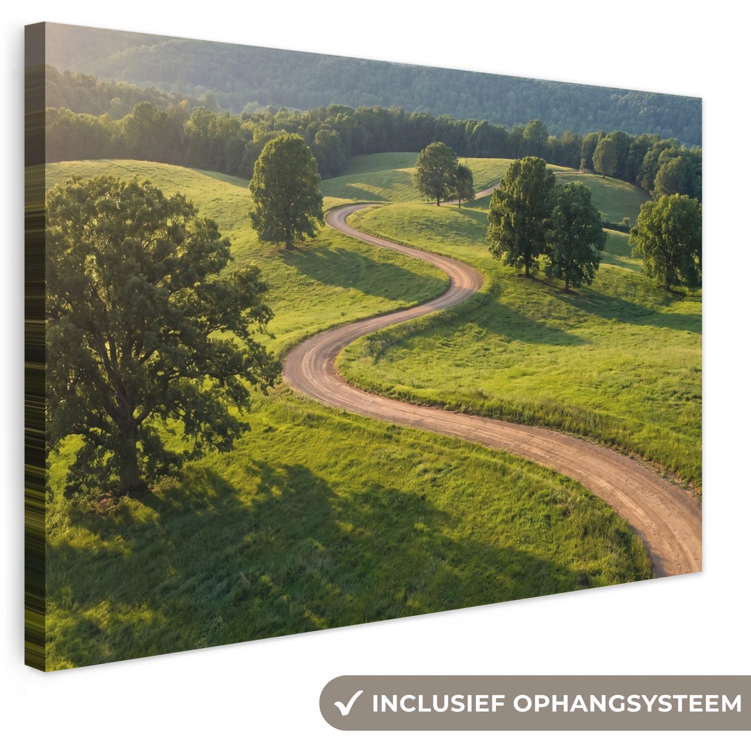 Canvas schilderij 90x60 cm - Exclusieve wanddecoratie Weg - Weide - Natuur - Groen - Muurdecoratie woonkamer - Slaapkamer decoratie - Kamer accessoires - Schilderijen op canvas