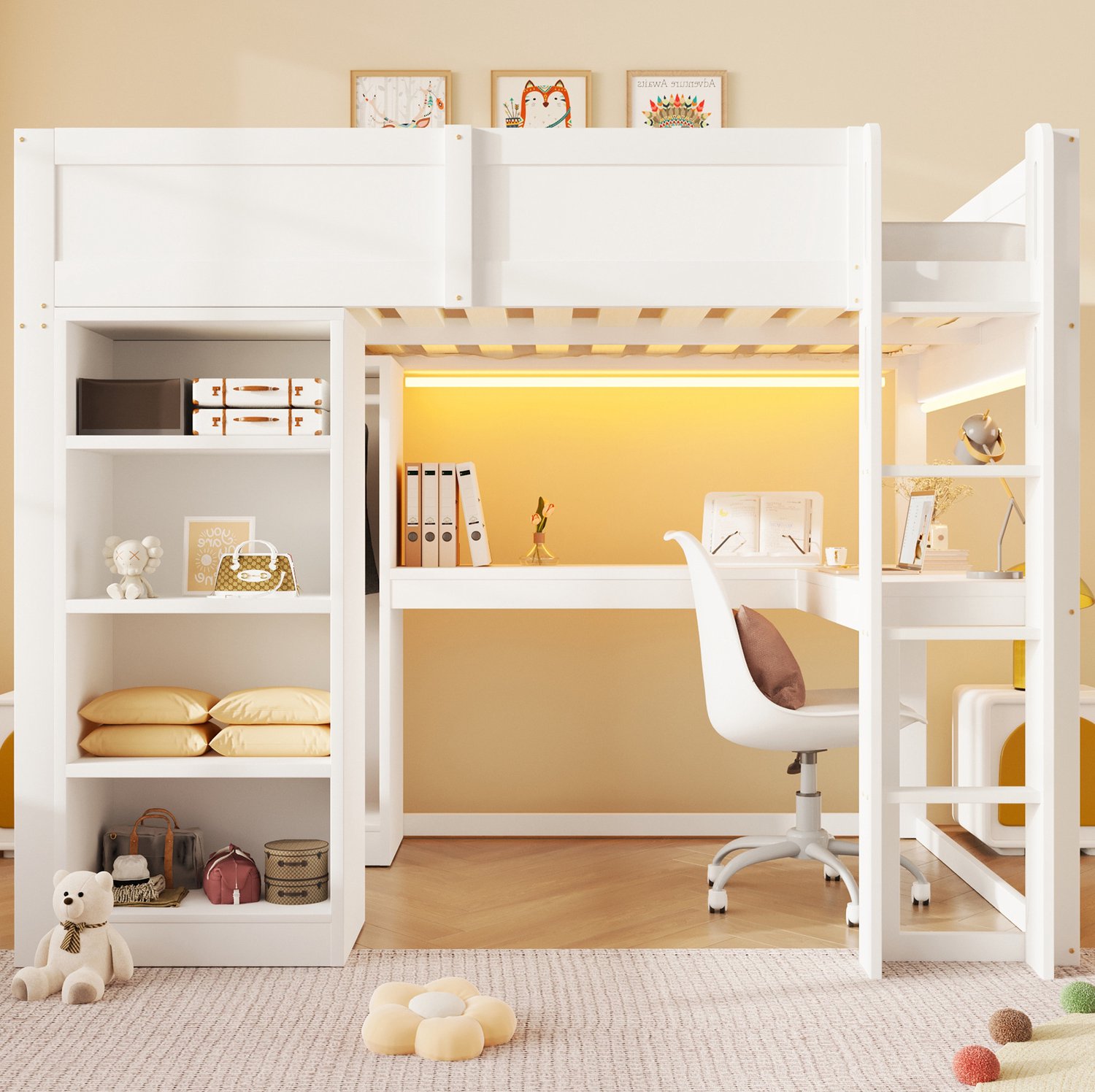 OKWISH Hoogslaper 140x200 cm - Bureau met Verstelbare Ledverlichting - Opbergruimte en Open Kledingkast - Hout en MDF - Zonder Matras - Wit
