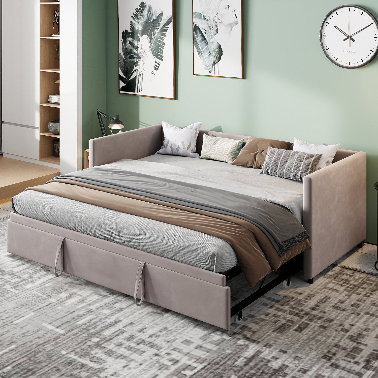 Yelenaro Tweepersoons uitschuifbare slaapbank, Fluwelen bankbed 90/180x200 cm, geschikt voor studio's en het ontvangen van gasten, grijs, exclusief matras