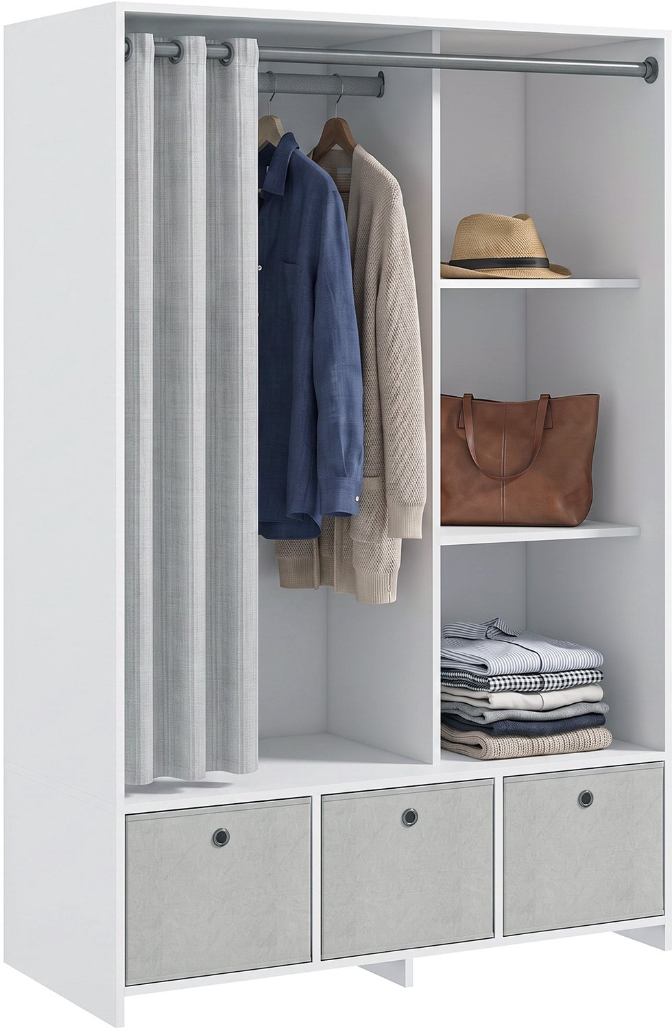 TEKROA ®Kledingkast Garderobekast met Gordijn en 3 105 x 48 x 160 cm 160 cm wit