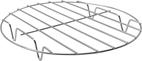 Rond roestvrijstalen ovenrooster van 23 cm met verhoogde voetjes voor efficiënt afkoelen of grillen.