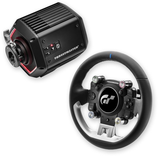 Thrustmaster T818 racestuur-base en een bijbehorend GT-stuurwiel met lederen afwerking.