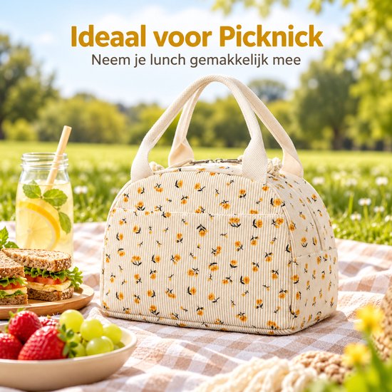 Lifhelpe Lunchtas met Isolatie – Grote Corduroy Lunchbox Tas met Voorvak – Herbruikbare Koeltas voor Werk, Picknick en Reizen – 25,4 × 19 × 19 cm – Crème met Gele Bloemen van Lifhelpe — afbeelding 5