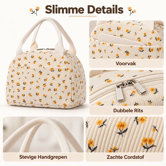 Lifhelpe Lunchtas met Isolatie – Grote Corduroy Lunchbox Tas met Voorvak – Herbruikbare Koeltas voor Werk, Picknick en Reizen – 25,4 × 19 × 19 cm – Crème met Gele Bloemen van Lifhelpe — afbeelding 2